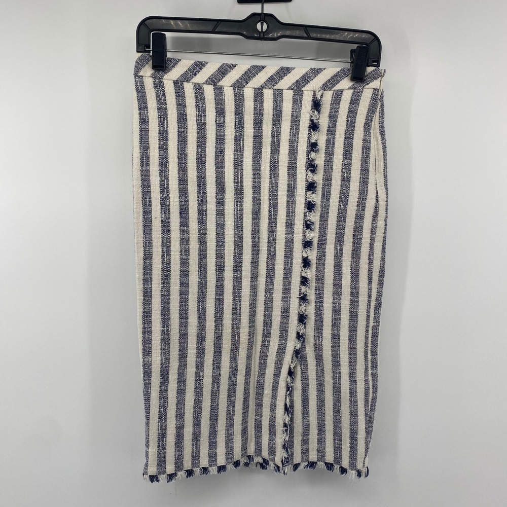 Banana Republic Pencil Skirt Women 2 Blue White Striped Fringe Tweed Skirt